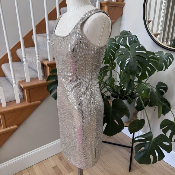 Vintage bebe Y2k Dress Metallic Silver S M Cocktail Bodycon Scoop Tank Club USA - Picture 5 of 9